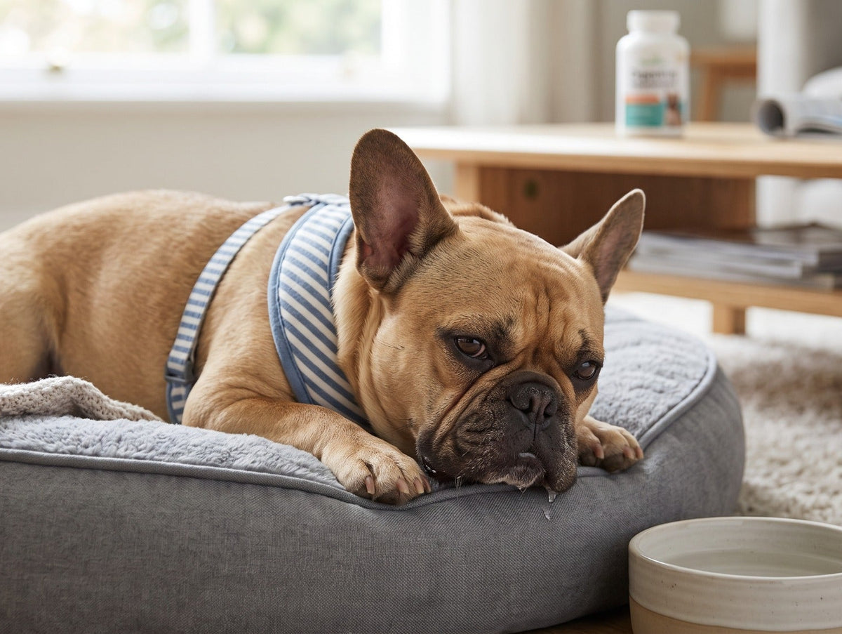 French Bulldog resting beside a water bowl during an Aubenord guide to digestive discomfort and acid reflux