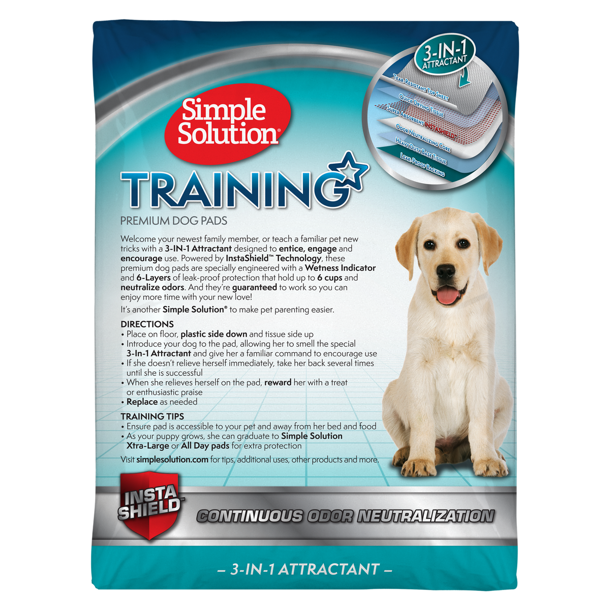 Back of the Simple Solution Training pads package with use instructions