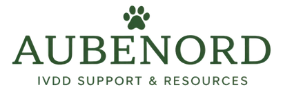 Aubenord Logo featuring a text saying IVDD Support & Resources, with an image of small dog paw on top