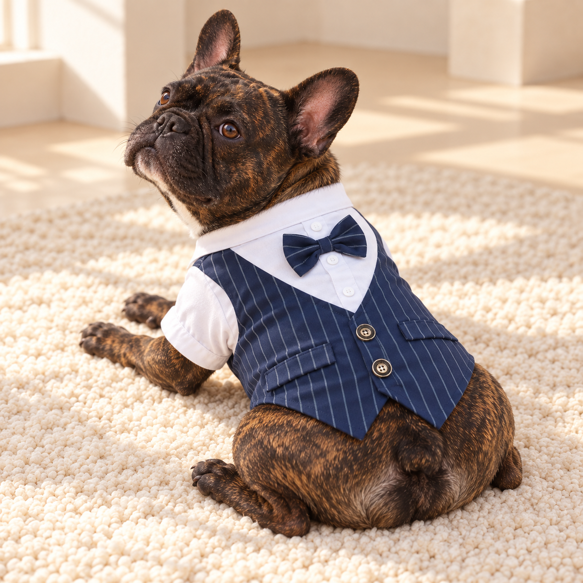 Brindle French Bulldog wearing a navy pinstripe waistcoat, showing two buttons and pocket flaps on the back
