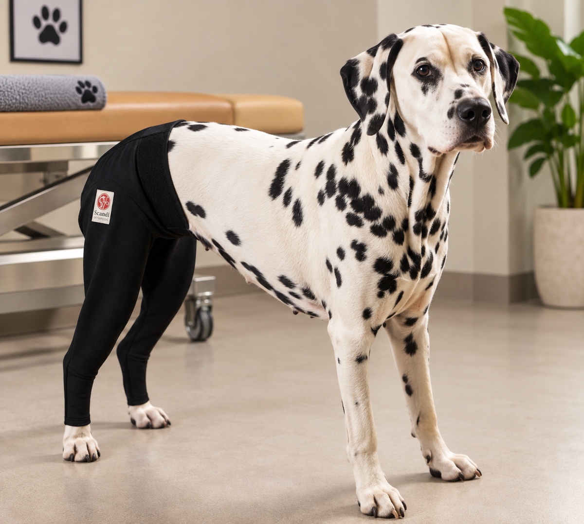Dalmatian wearing the black Scandi rear-leg protection cover in a home interior