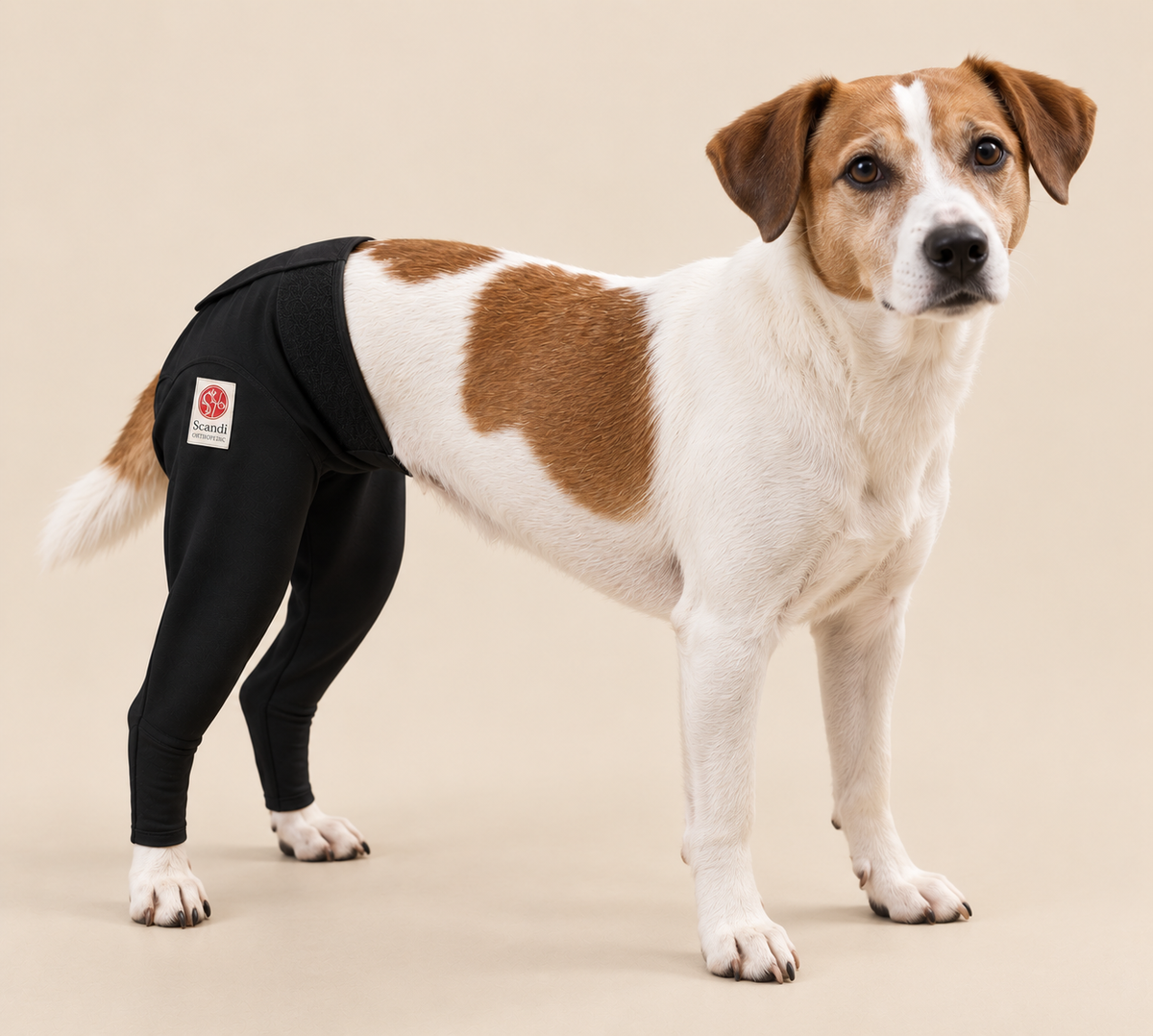 Brown-and-white dog wearing a black Scandi cover over both rear legs, side view