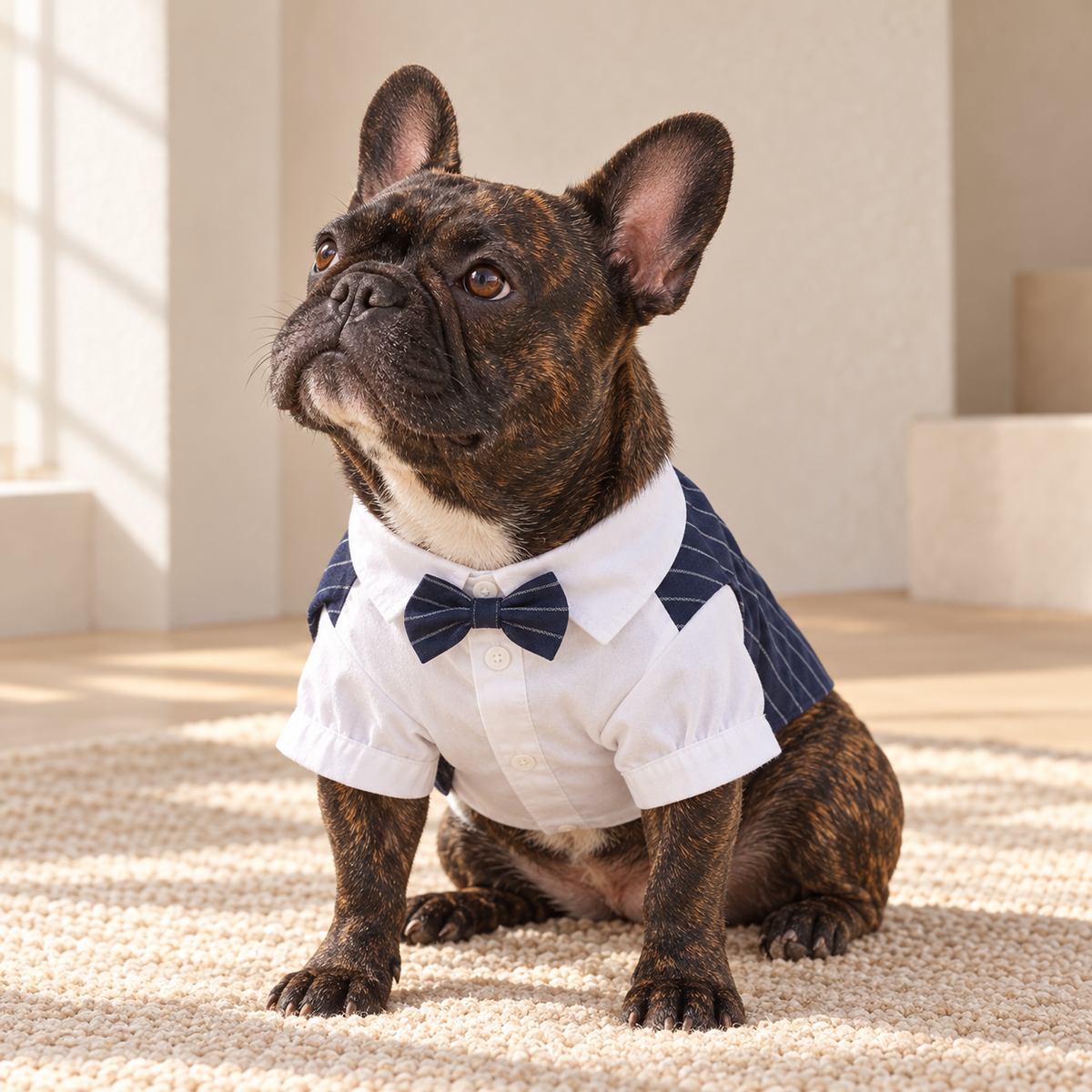 Brindle French Bulldog sitting in a white shirt with a navy pinstripe waistcoat and bow tie, front view
