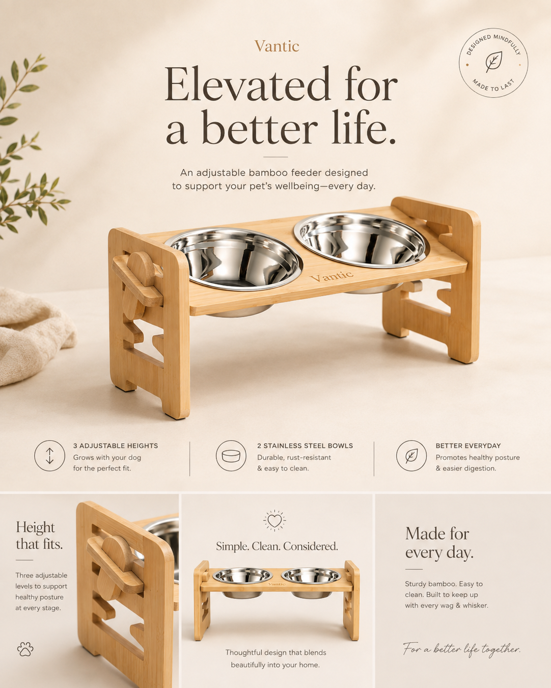 A wooden pet feeder stand with two stainless steel bowls, shown in a clean beige promotional layout with text callouts and smaller inset views. The brand name Vantie appears on the product and in the headline.