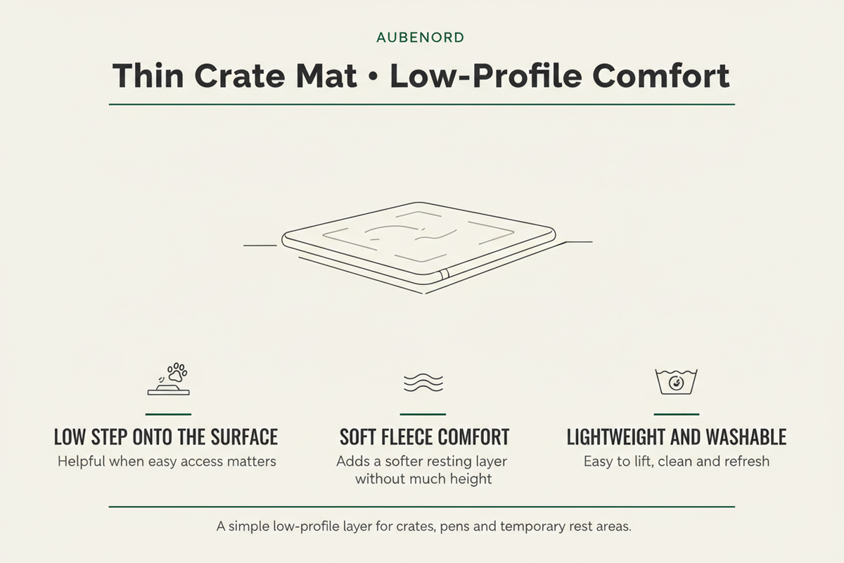 Aubenord educational graphic explaining low-profile comfort and access for a thin crate mat