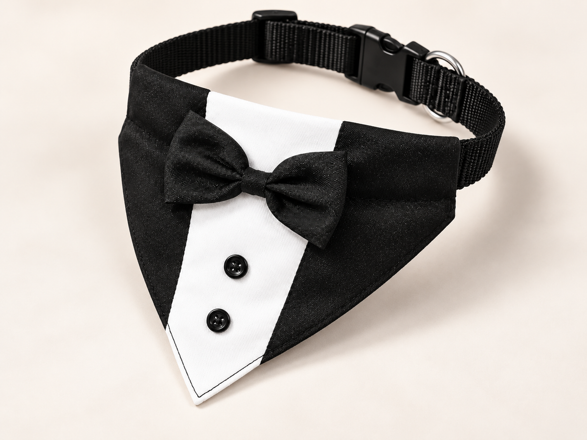 Angled view of black and white tuxedo dog bandana collar showing buckle and D-ring
