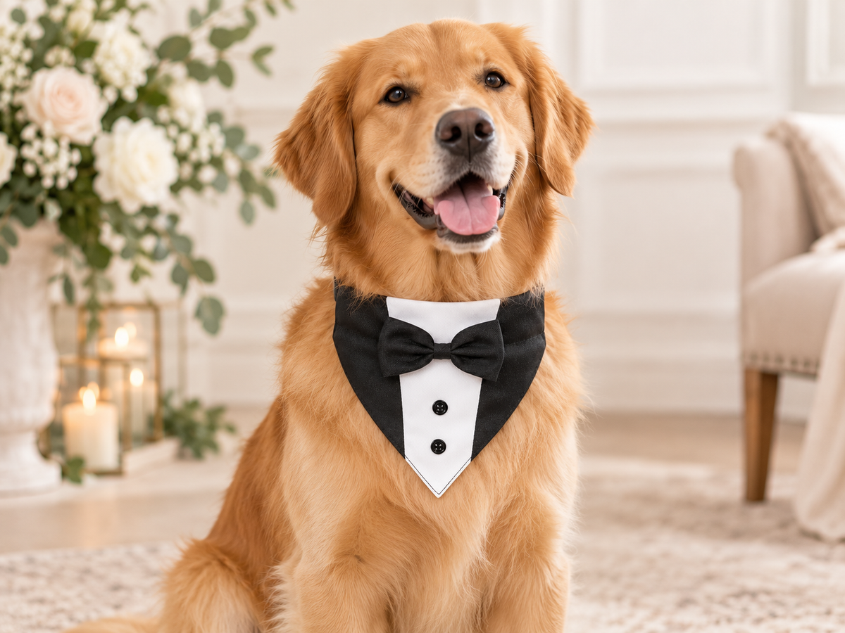 Golden retriever wearing a black and white tuxedo dog bandana collar for a formal occasion