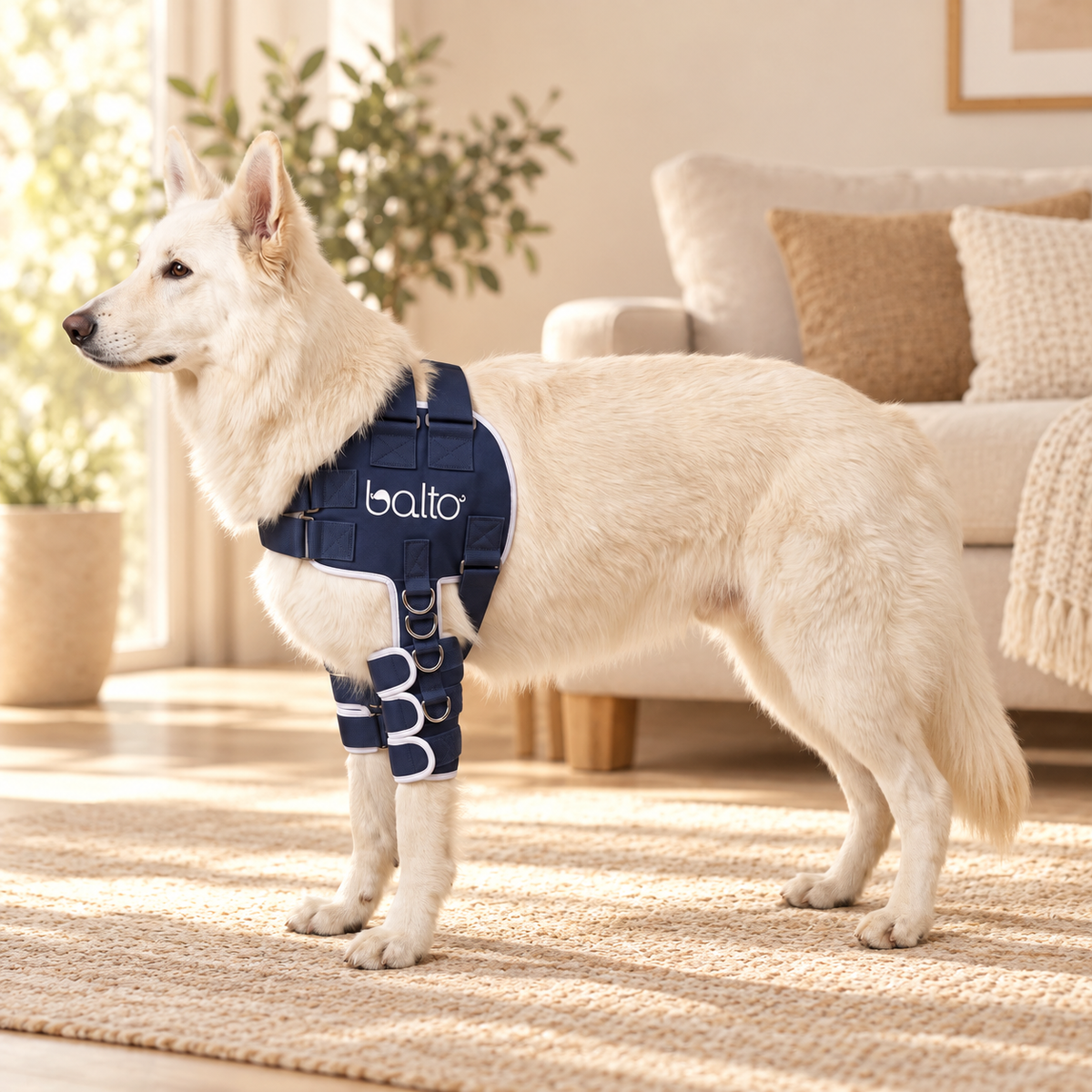 White dog wearing a navy Balto Lux shoulder brace on a rug at home