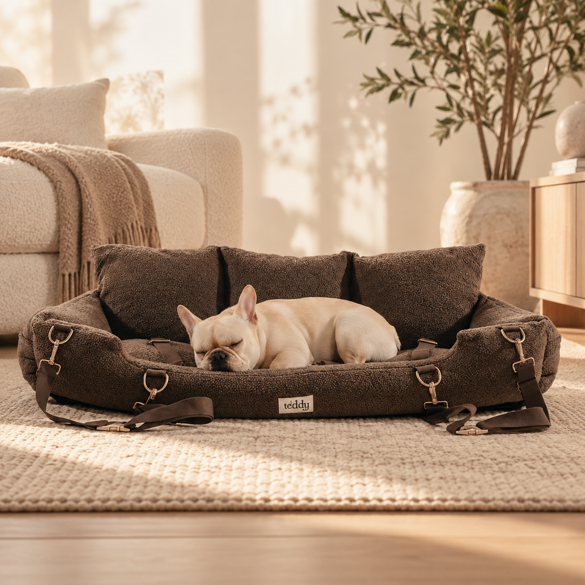 Cream French Bulldog sleeping in a chocolate By Teddy XL Cosy dog car seat
