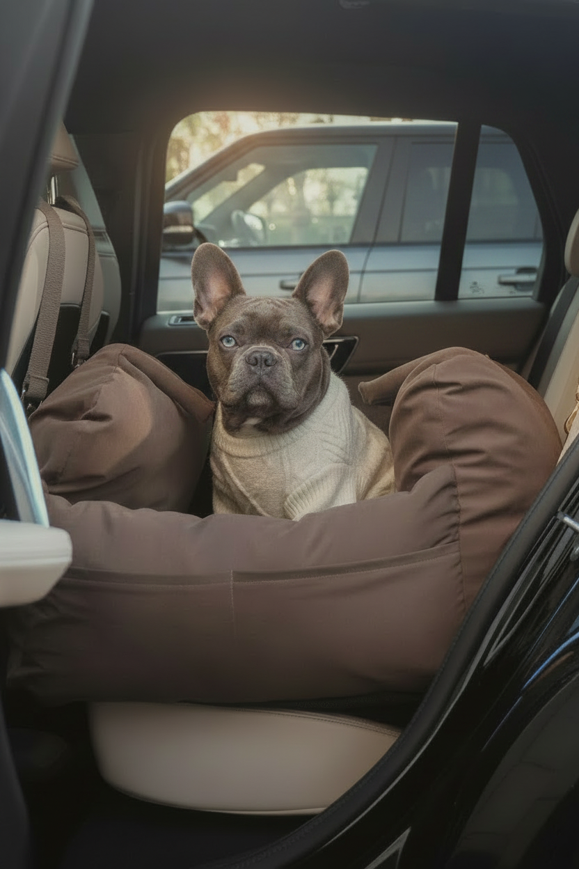 Dog sitting in the By Teddy Chocolate Puffer Car Seat in a car
