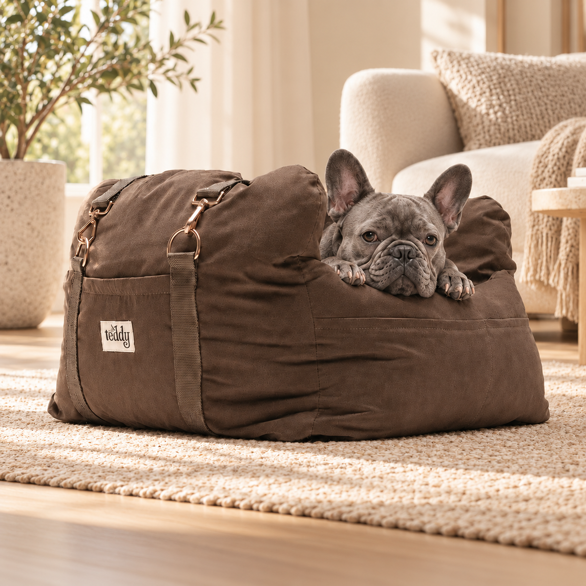 Grey French Bulldog resting in a chocolate By Teddy Puffer carry bag