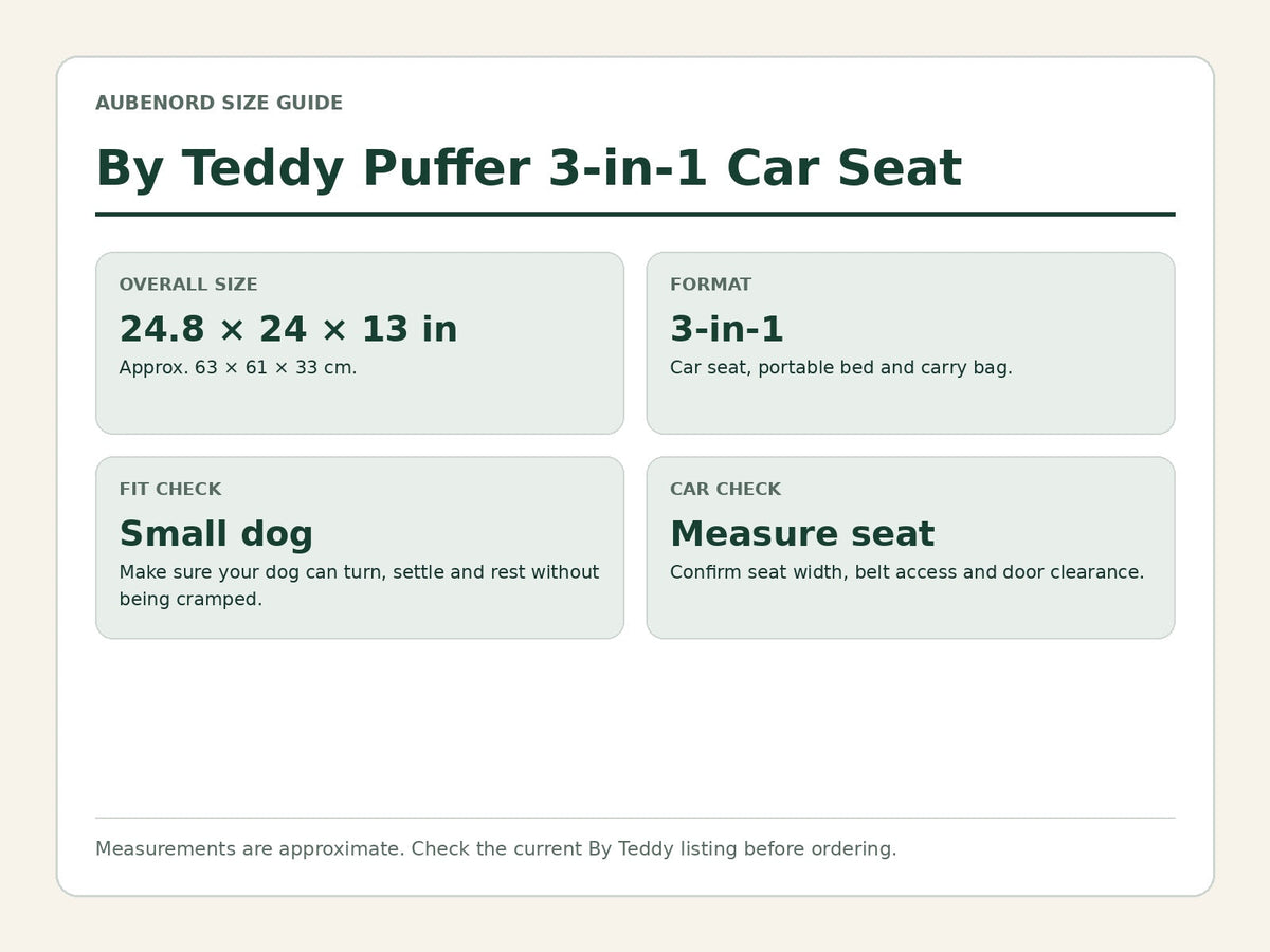 By Teddy Puffer 3-in-1 dog car seat size guide with product measurements