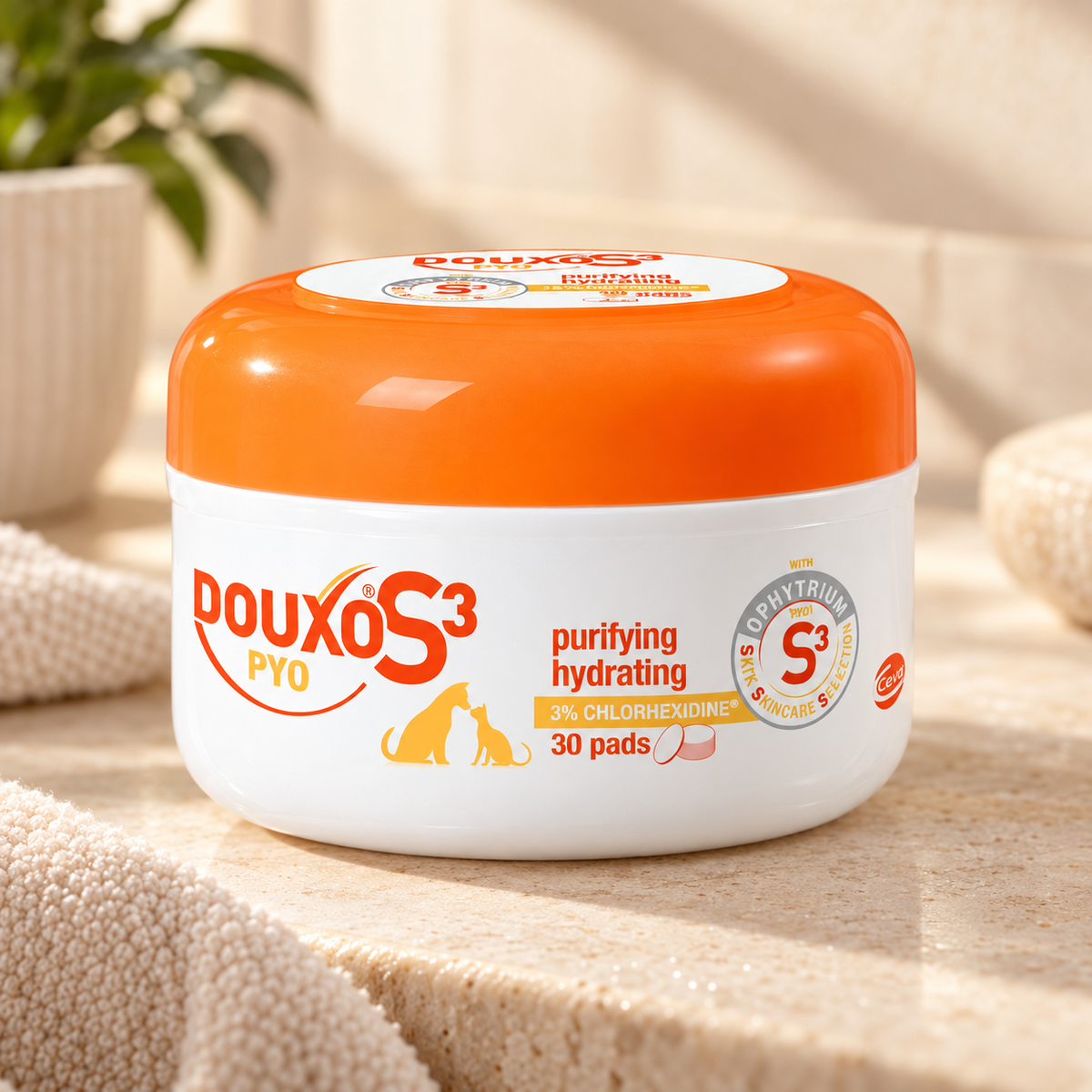 Close view of the DOUXO S3 PYO pads jar and front label