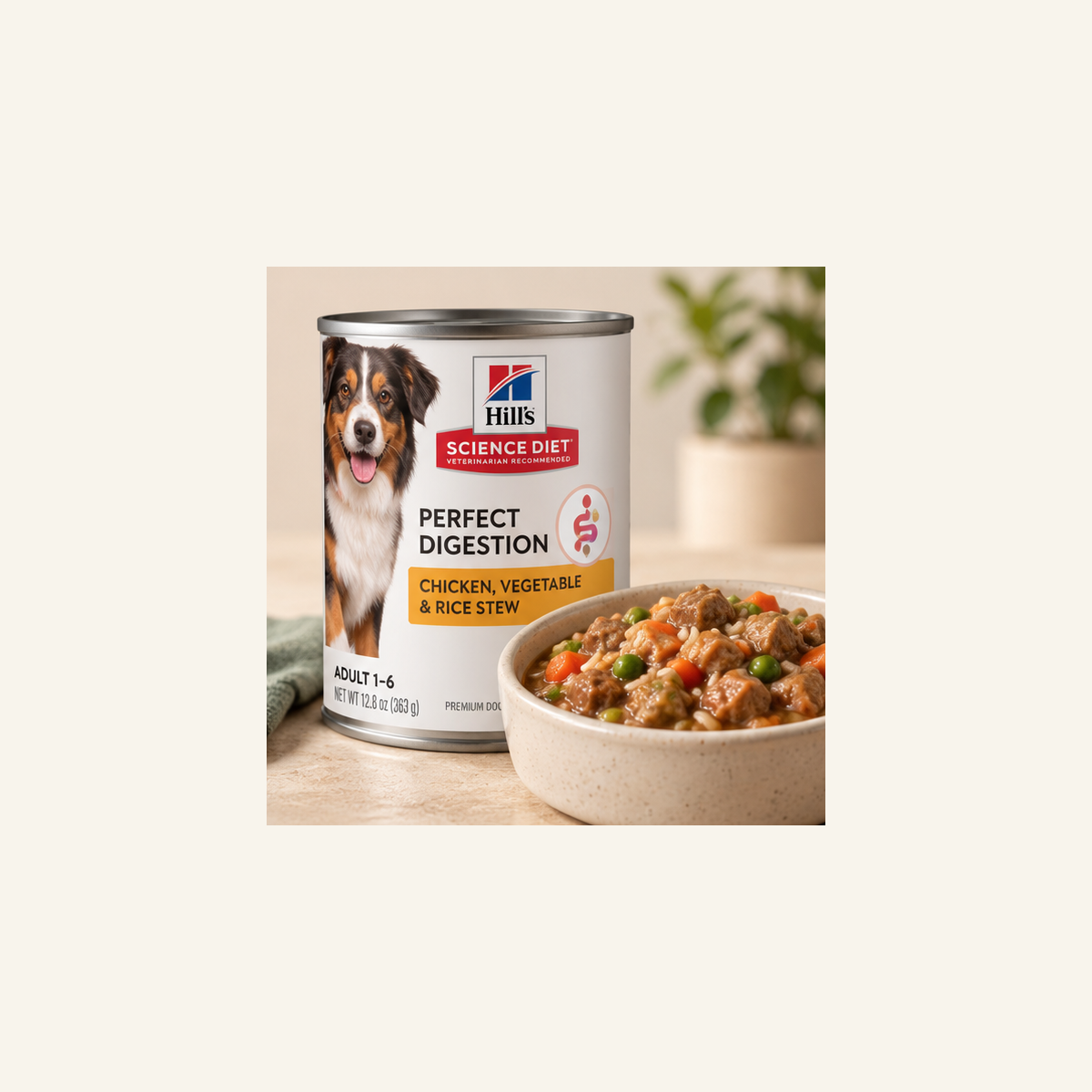 Hill's Science Diet Perfect Digestion Chicken, Vegetable & Rice Stew with bowl of wet dog food