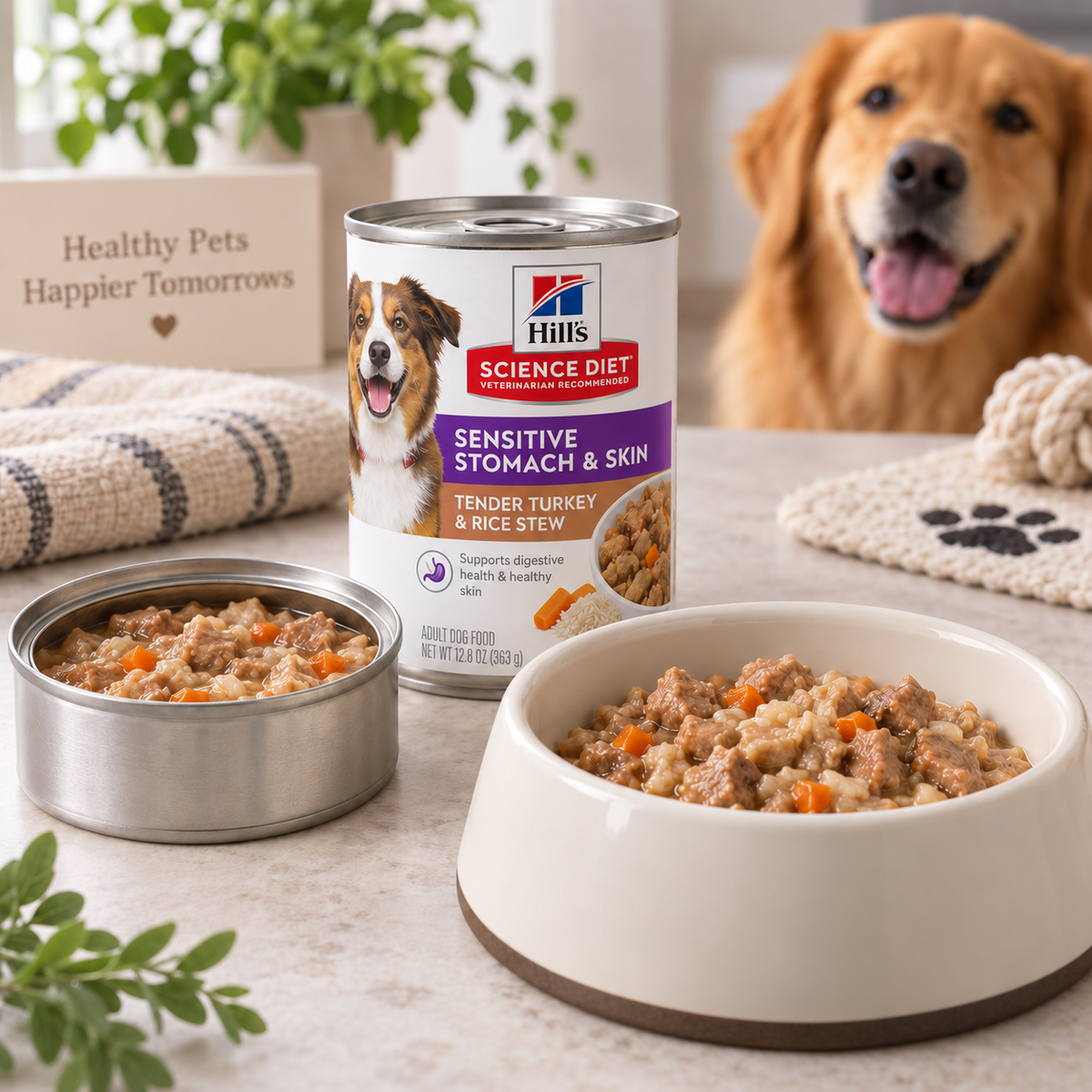 Hill's Science Diet Sensitive Stomach & Skin Tender Turkey & Rice Stew in a calm home feeding setup
