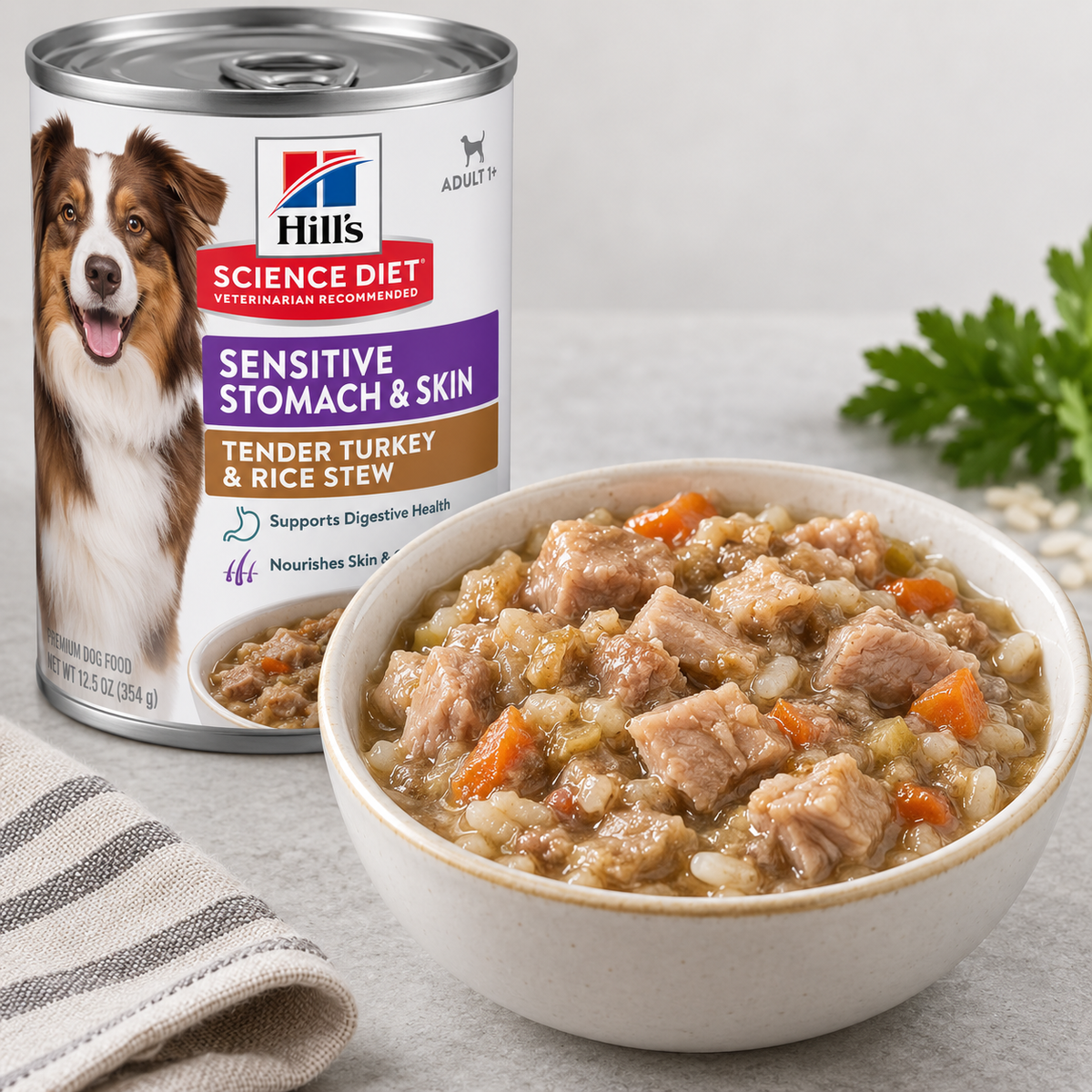 Hill's Science Diet Sensitive Stomach & Skin Tender Turkey & Rice Stew can beside a bowl of stew