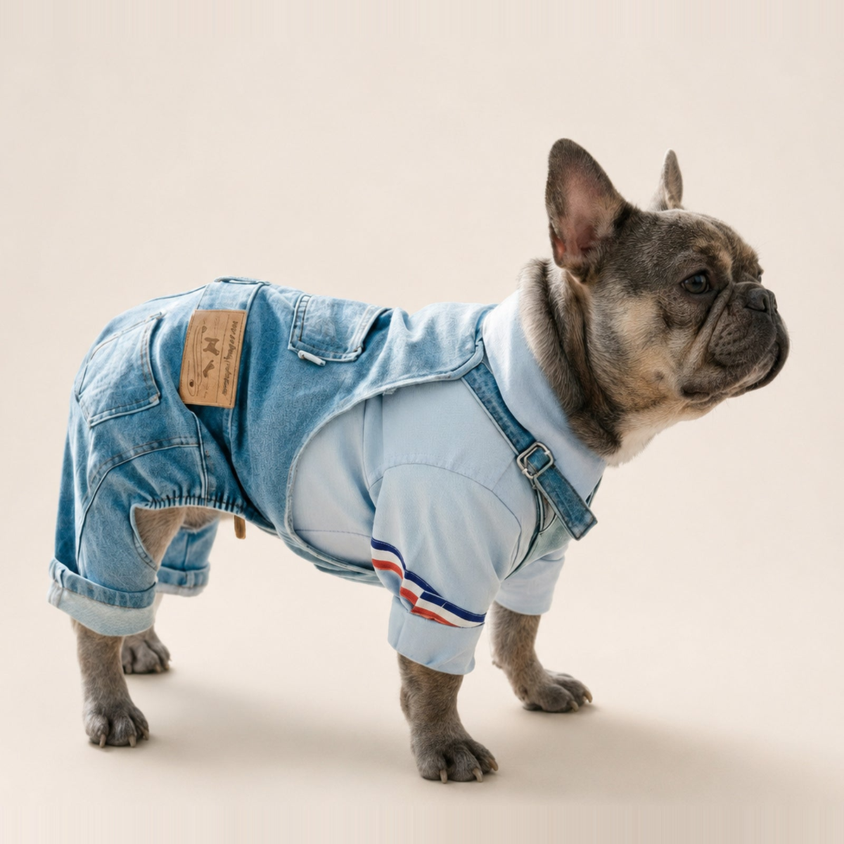 Loui’s denim dungarees on a French Bulldog against a clean cream background