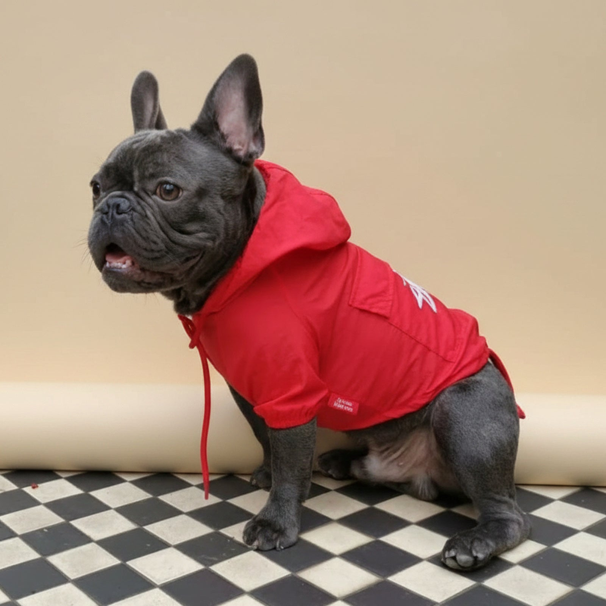 Loui the French Bulldog wearing his red waterproof raincoat outside the house
