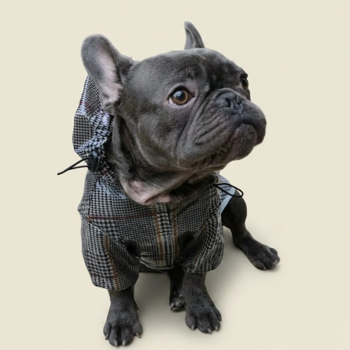 Loui the French Bulldog wearing his tartan raincoat on a real walk