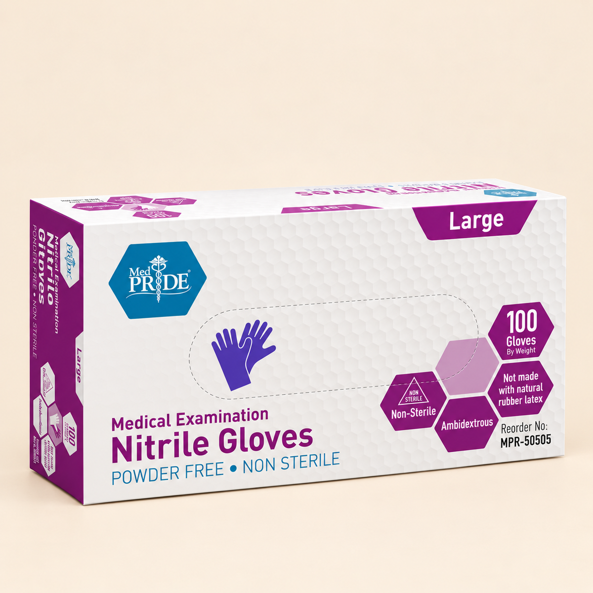MedPride Large powder-free nitrile gloves, box of 100, on a warm cream background