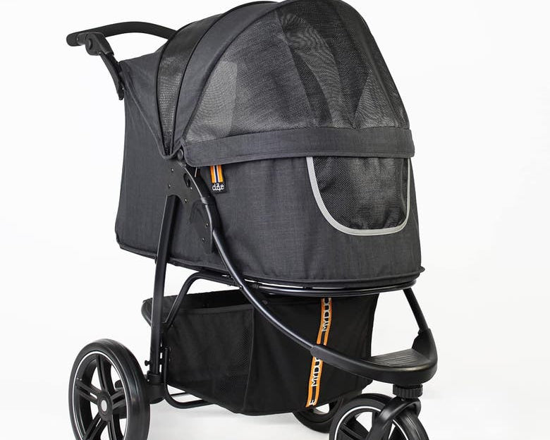 Loui in the spacious My Duque COOPER dog pram with large wheels and storage for mobility trips