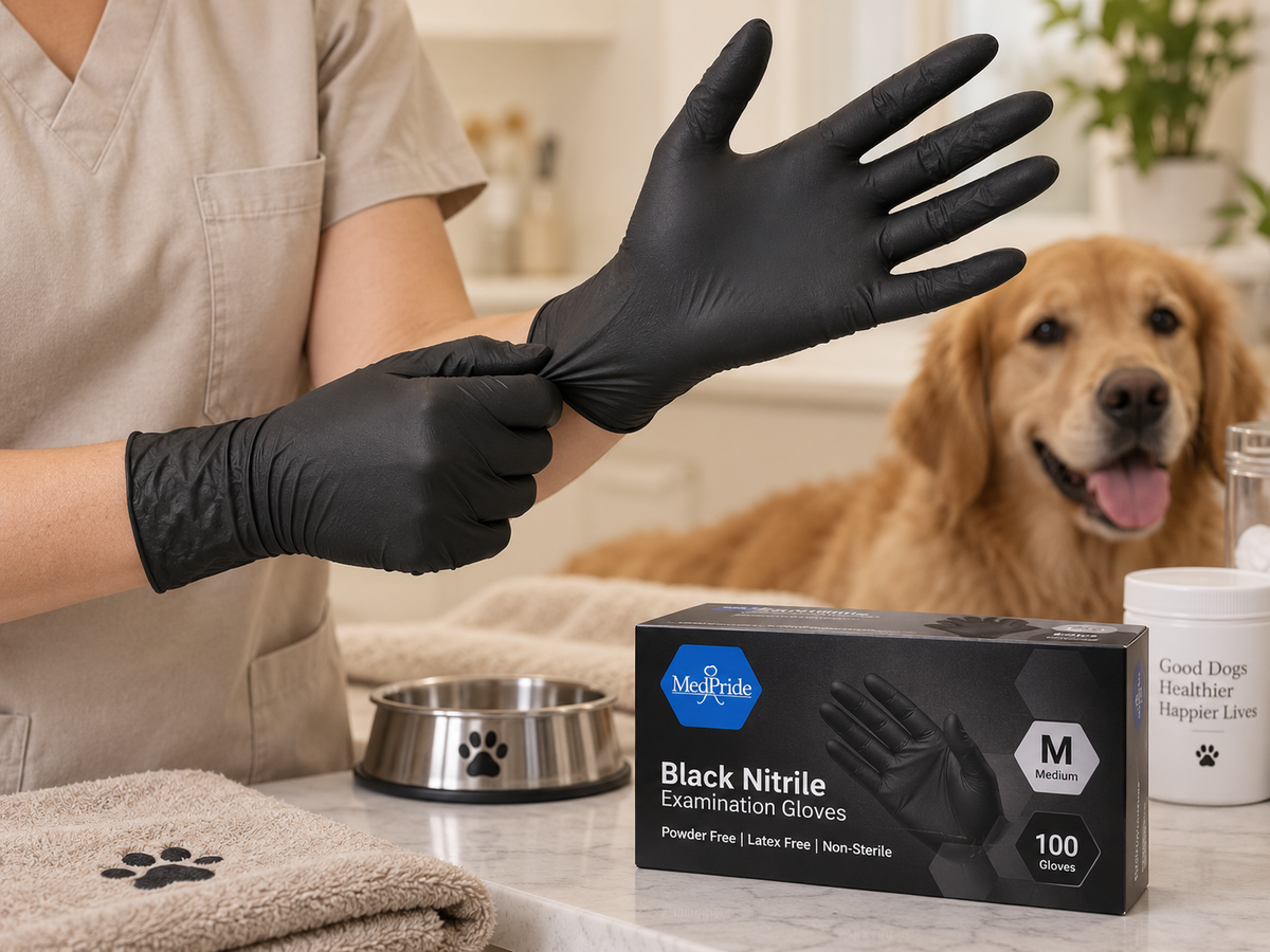 Close view of black nitrile gloves showing cuff fit and finger coverage