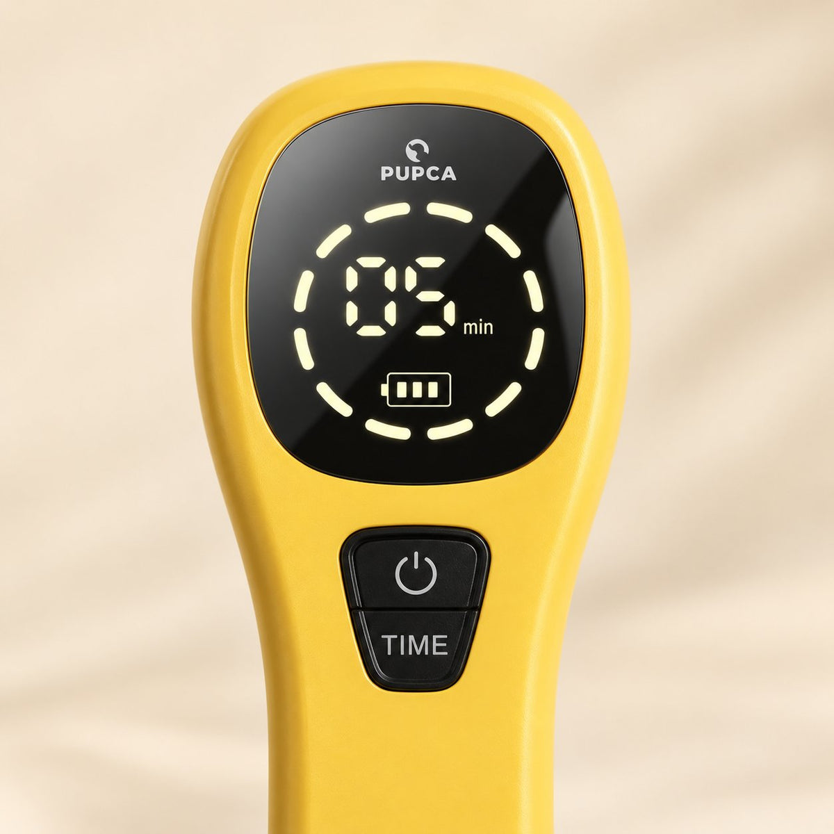Close-up of the PUPCA timer display, battery indicator, power button and time button.