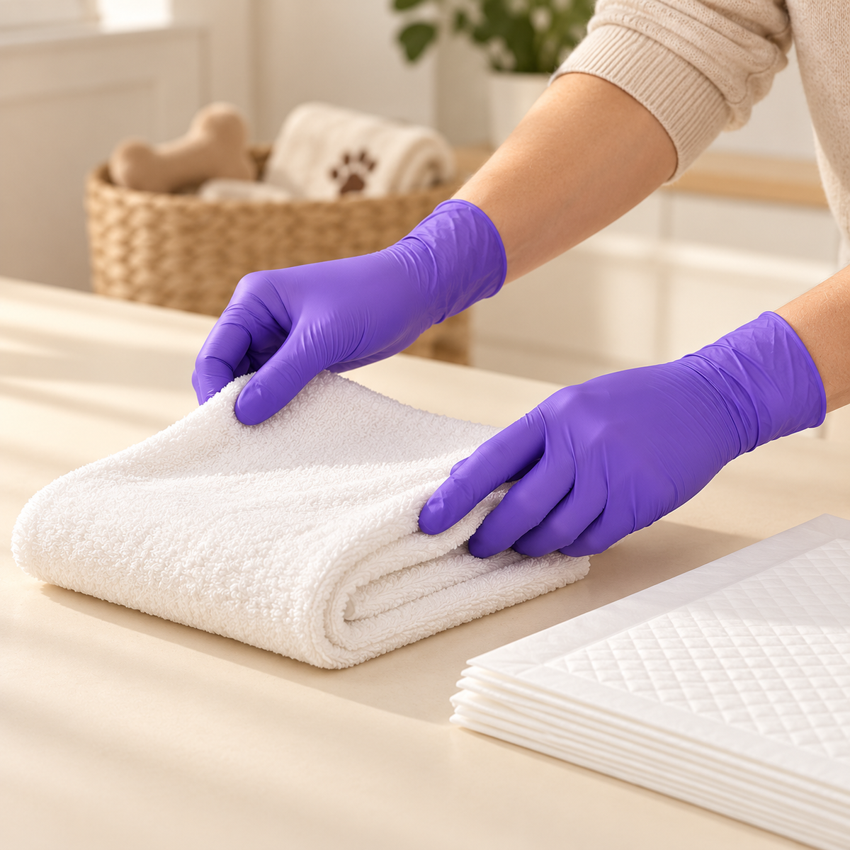 Illustrative home-care scene with purple gloved hands folding a towel beside pet pads