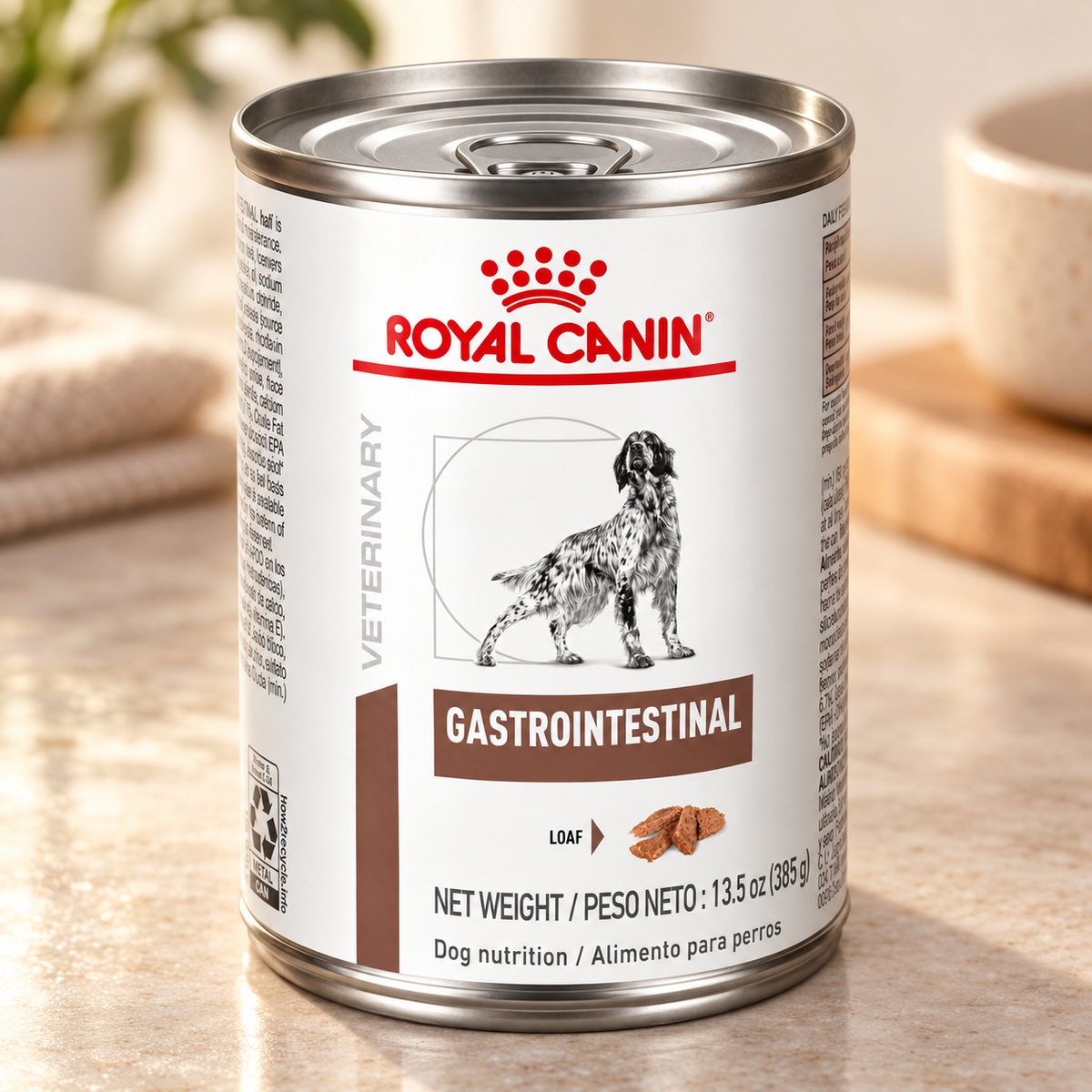 Close view of the Royal Canin Gastrointestinal Loaf can and label