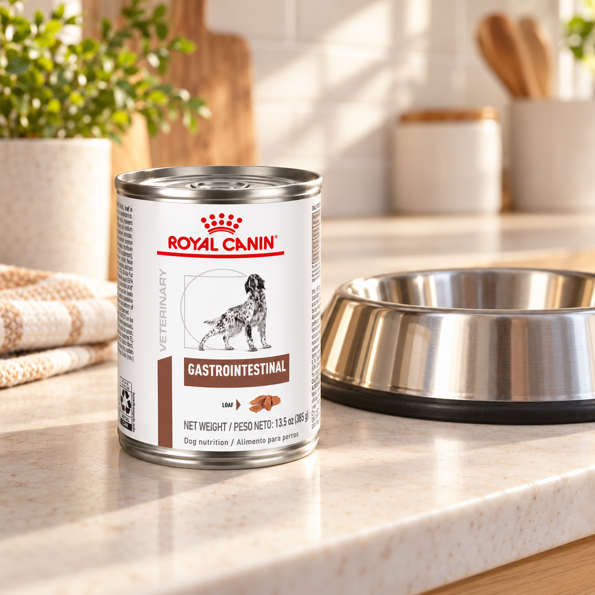 Sealed Royal Canin Gastrointestinal Loaf can beside an empty feeding bowl