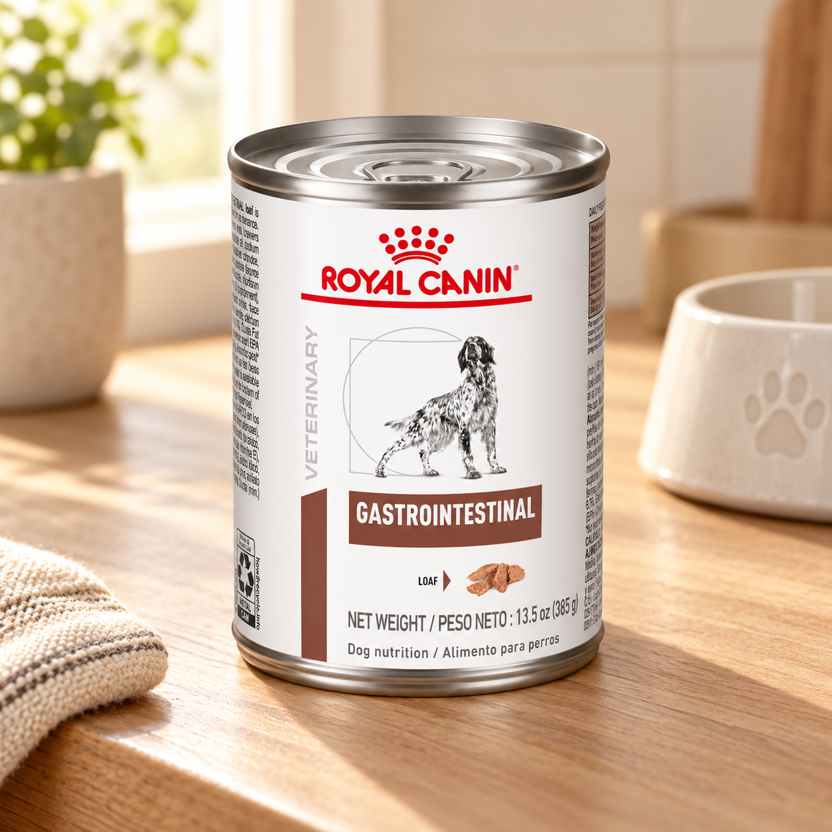 Royal Canin Gastrointestinal Loaf can in a kitchen setting