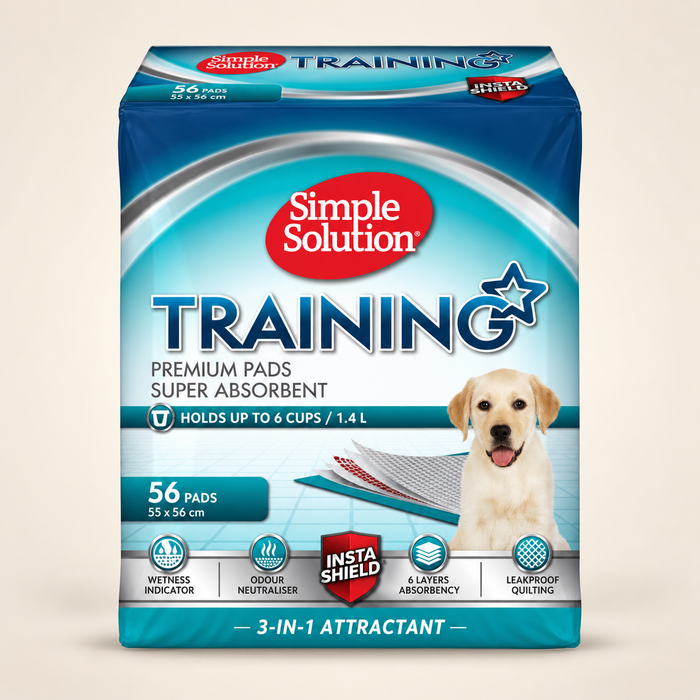 Simple Solution UK 56-pack puppy training pads, 55 by 56 cm, on a cream studio background