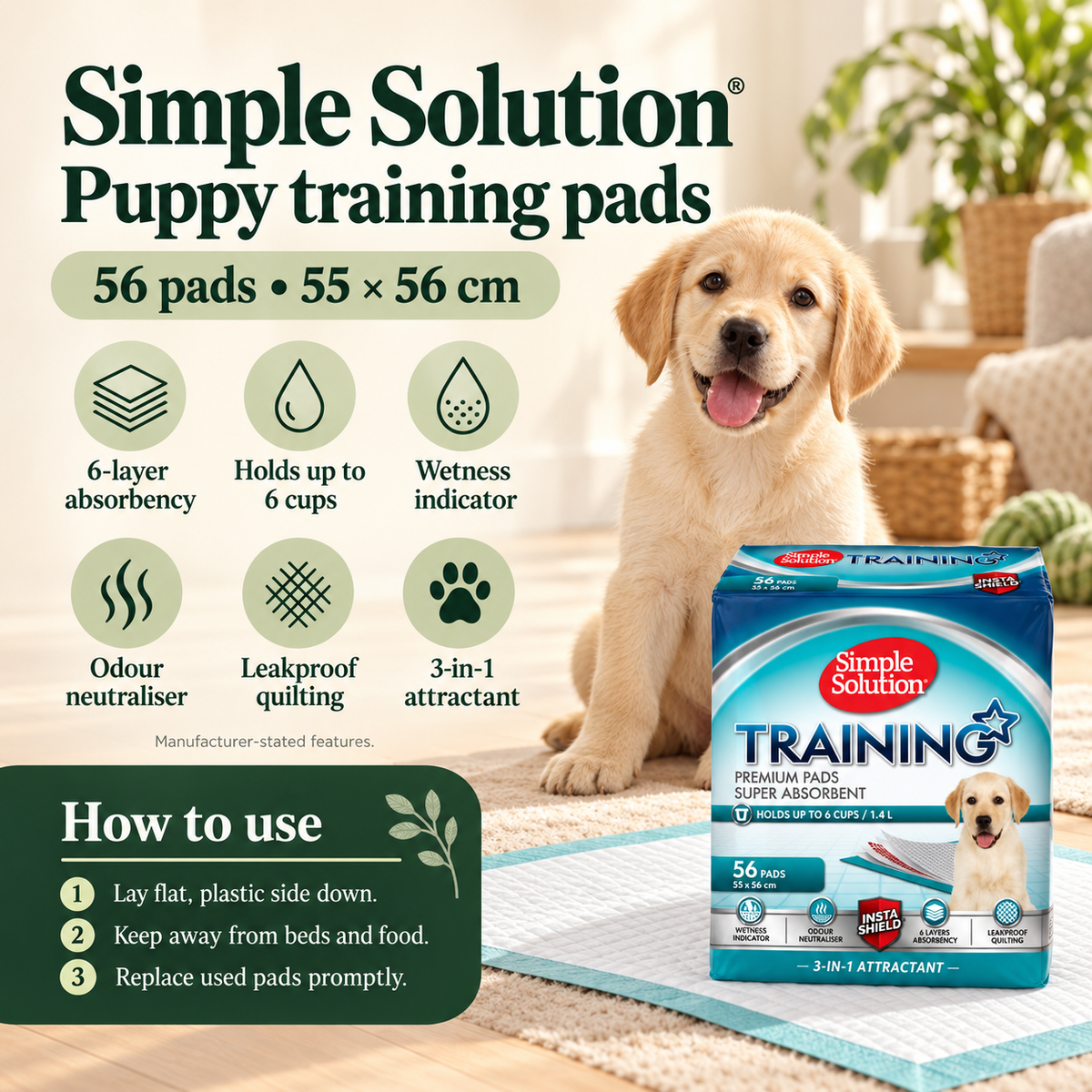 Simple Solution UK puppy training pads: 56 pads, 55 by 56 cm, features and use instructions