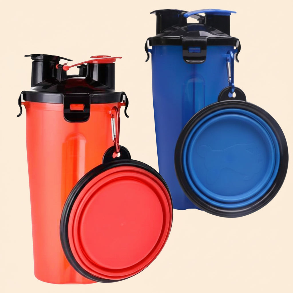 Travel dog water bottle with collapsible bowls in red and blue