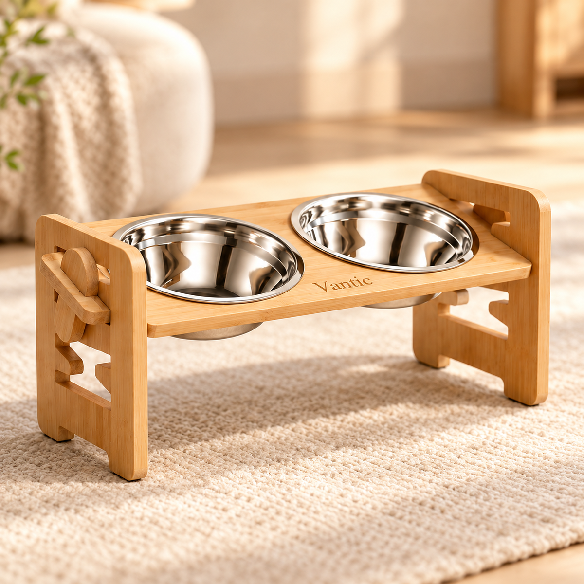 Close view of the Vantic feeding stand, bowl rims and height adjustment slots