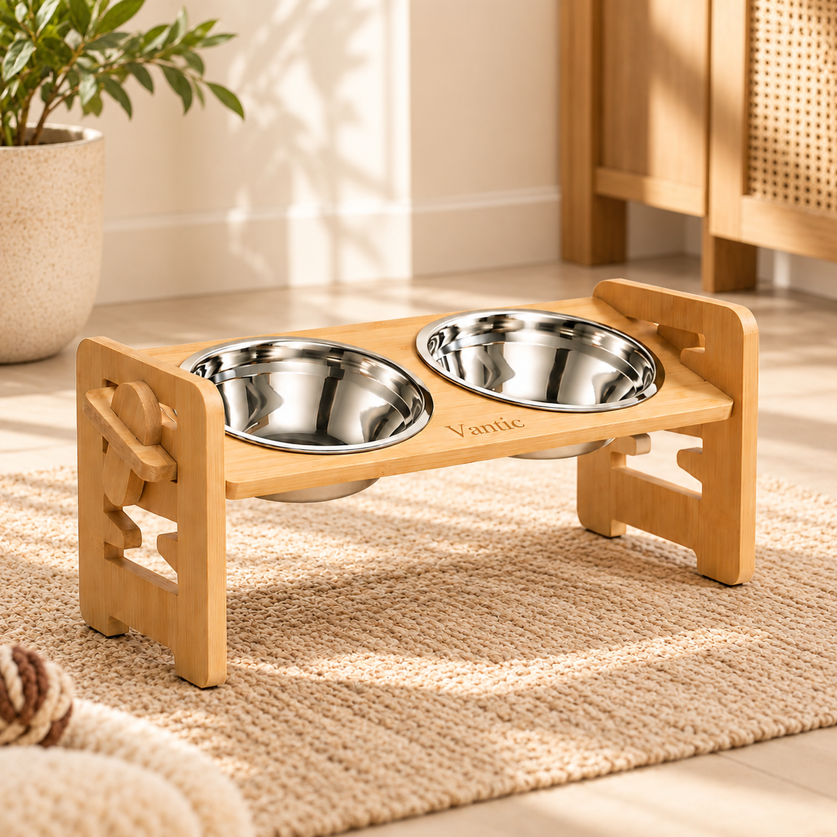 Vantic bamboo feeding stand with two stainless steel bowls in a home