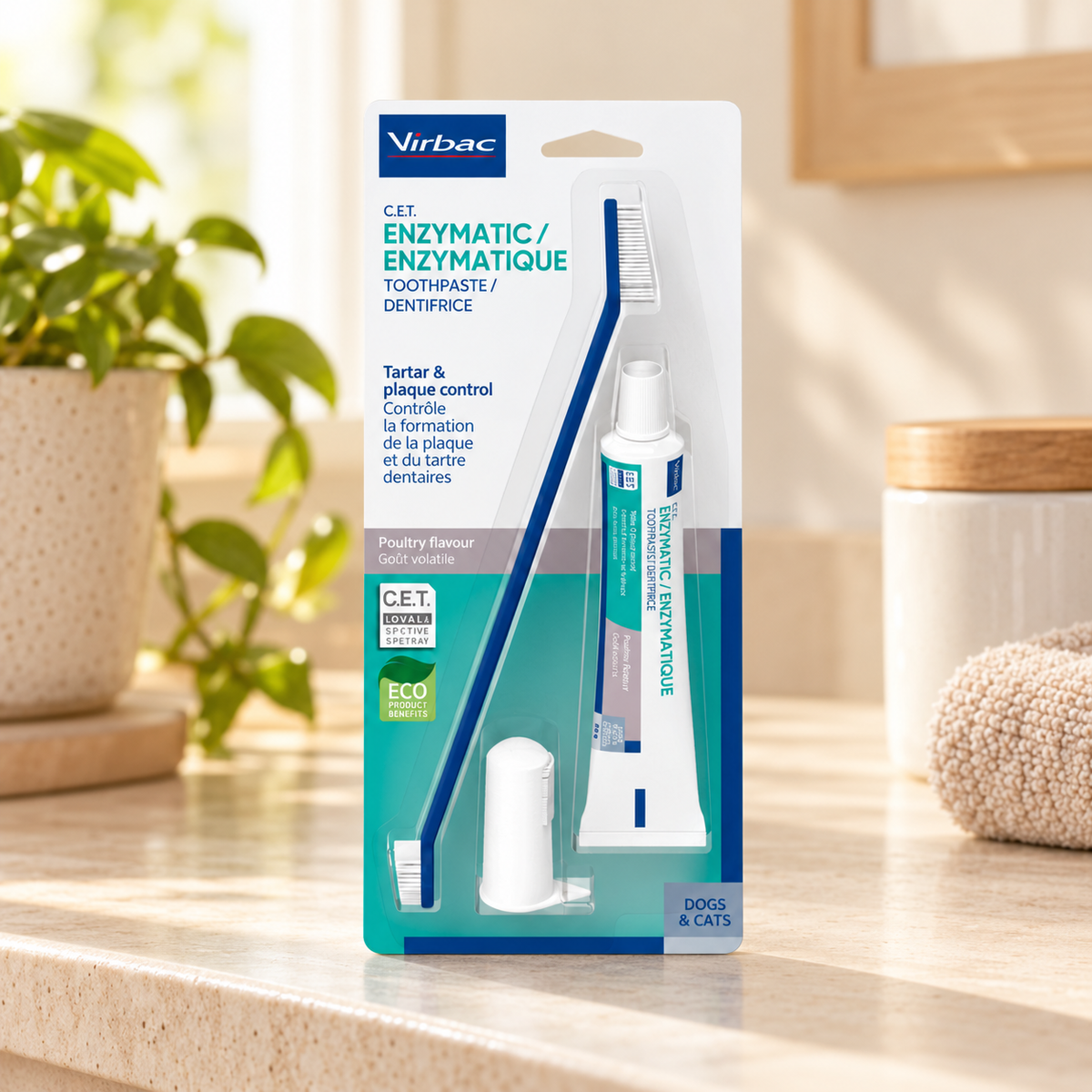 Virbac C.E.T. oral hygiene kit with toothbrush, toothpaste and finger brush