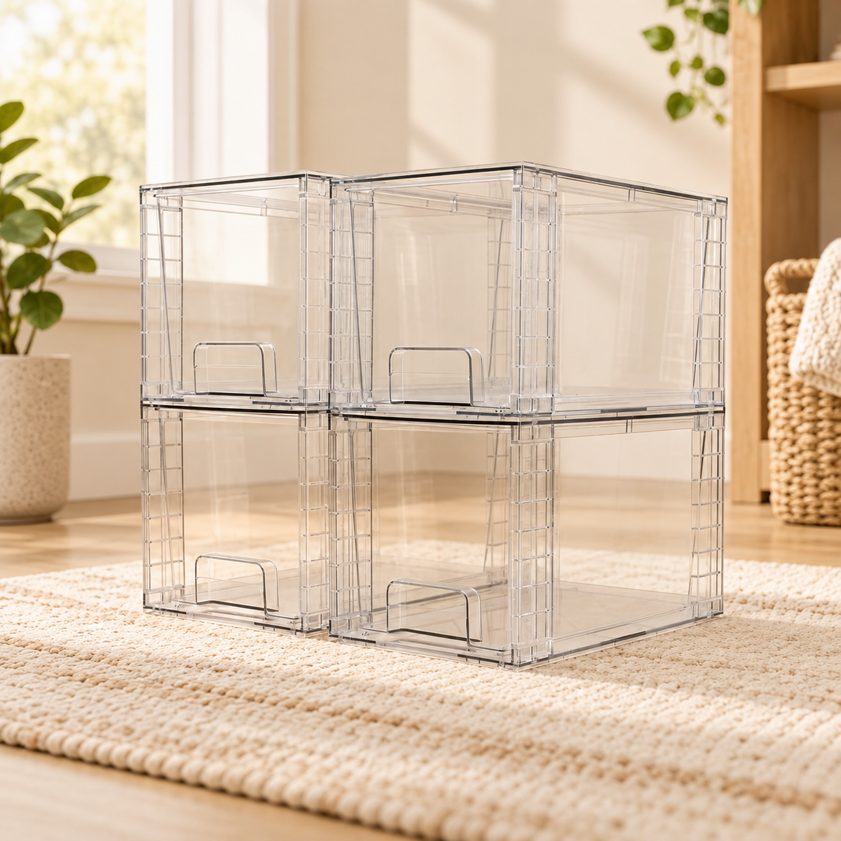 Four clear Vtopmart storage drawers stacked in two rows at home