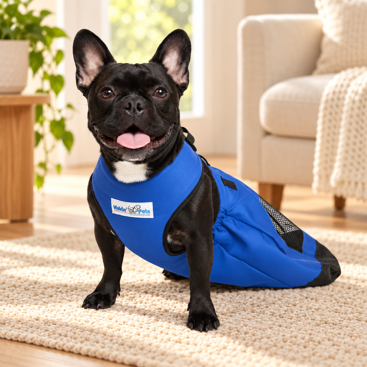 Black French Bulldog wearing a blue Walkin’ Drag Bag on a rug at home