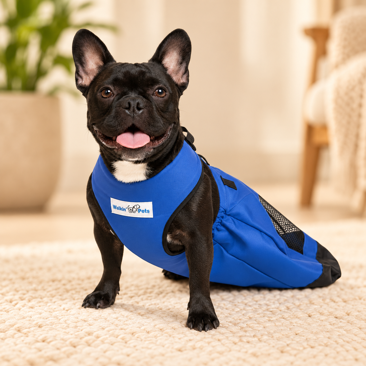 Close view of the blue Walkin’ Drag Bag and mesh panels on a French Bulldog