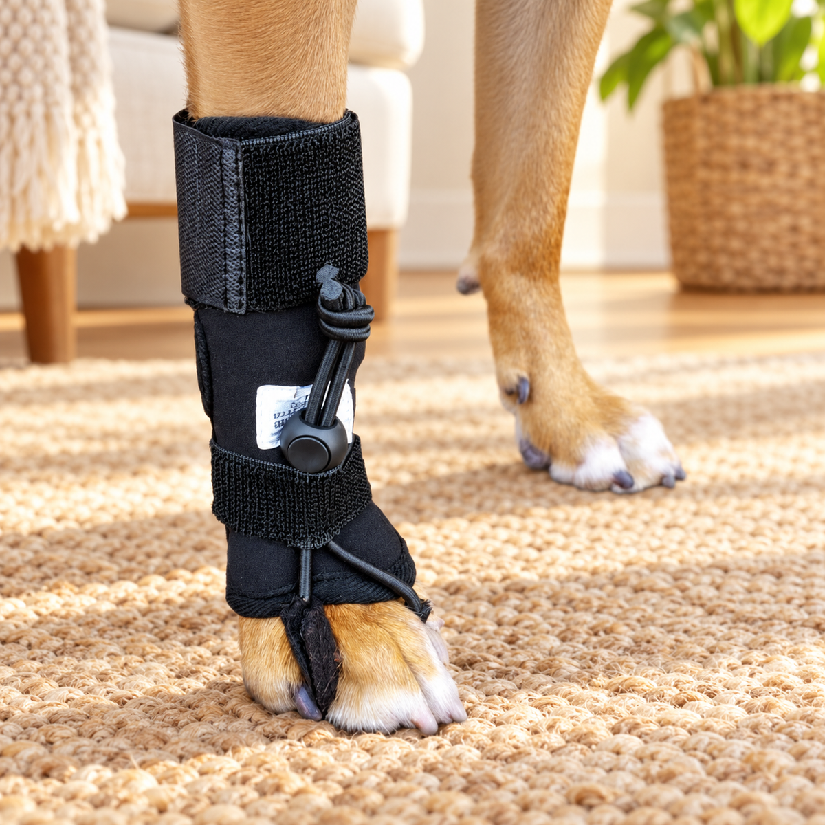 Walkin’ Rear No-Knuckling Training Sock fitted around a dog's lower leg and paw