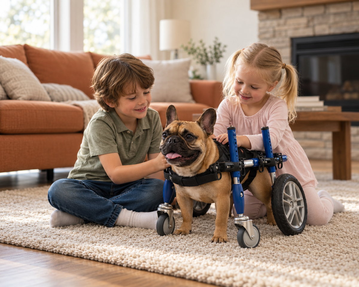 Illustrative family scene with a French bulldog in a complete four-wheel wheelchair; rear chair sold separately from the front attachment.