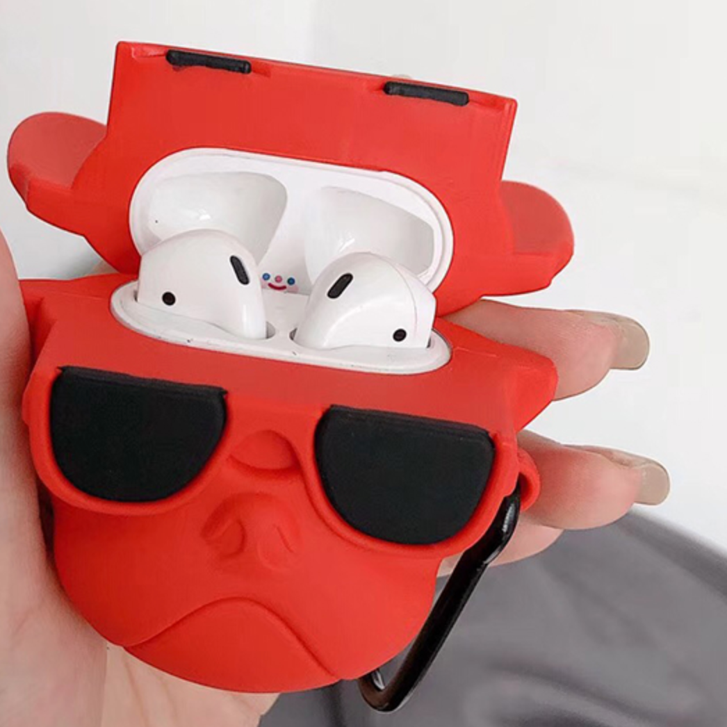 French bulldog shape airpod case - red colour, case open