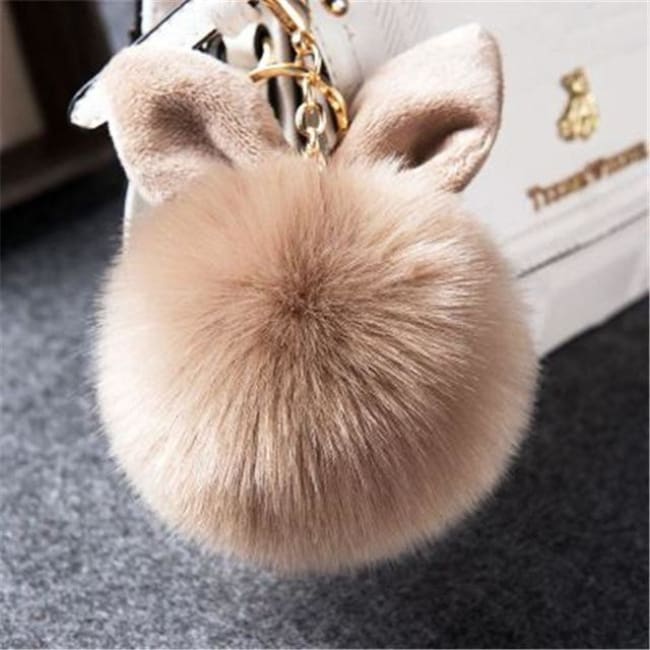 Fluffy Bunny Pom Pom Ball Keychain - Khaki - Key Chain