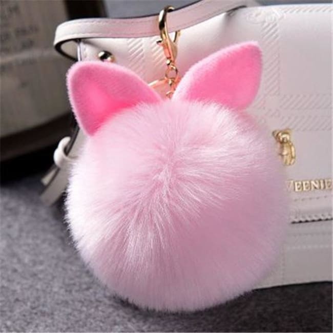 Fluffy Bunny Pom Pom Ball Keychain - Pink - Key Chain