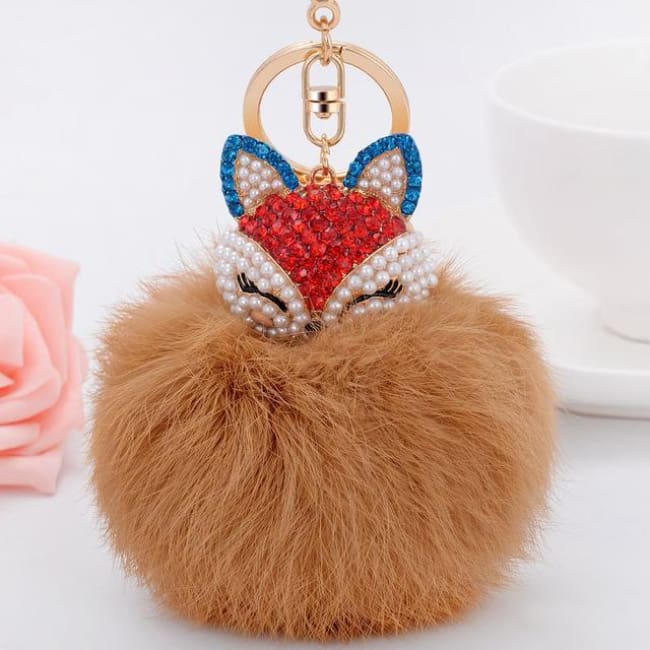Foxy Roxy Cute Fur Pom Pom Ball Keychain - Champagne - Key Ring
