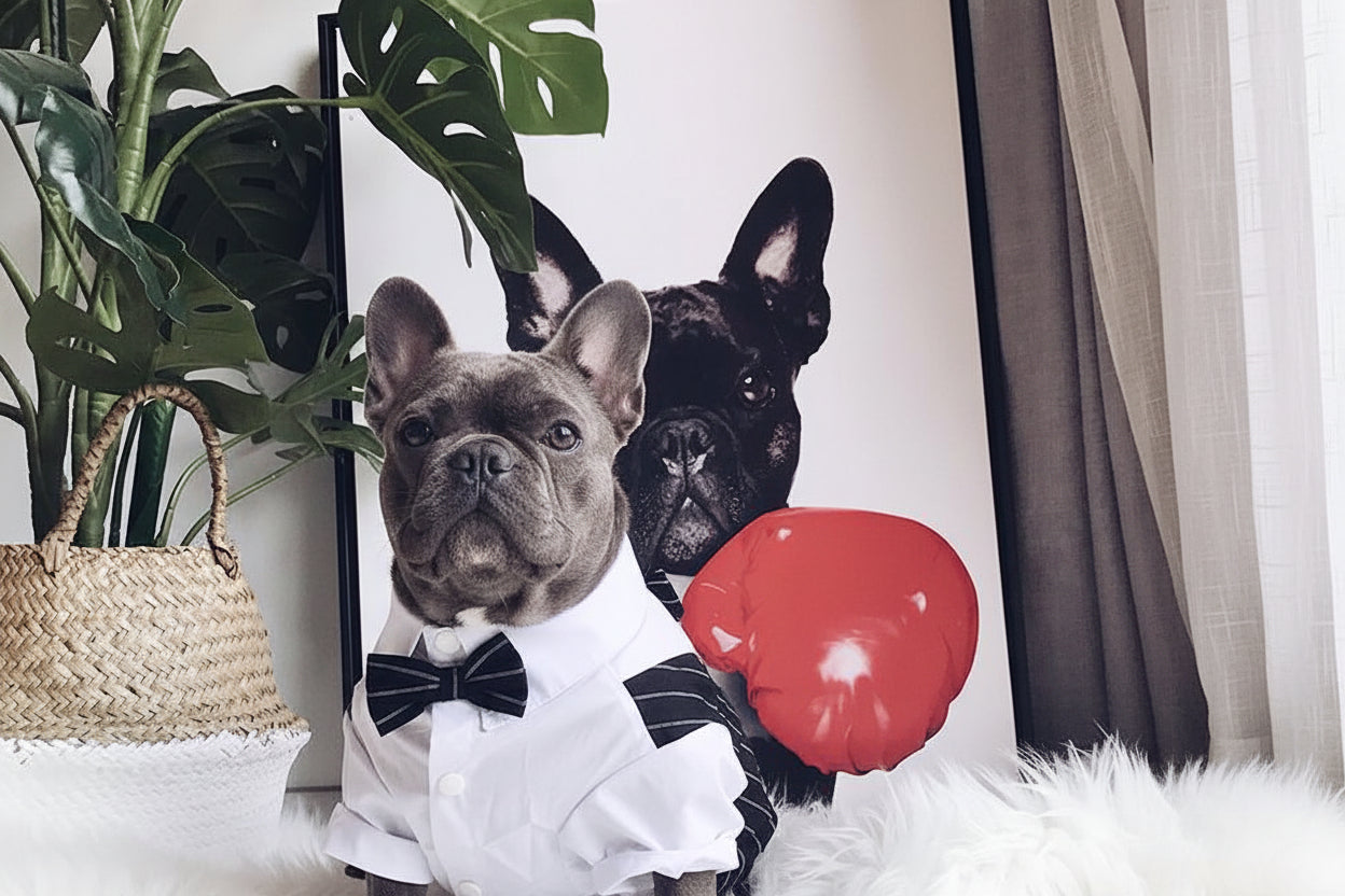 Striped French Bulldog tuxedo formal outfit front detail