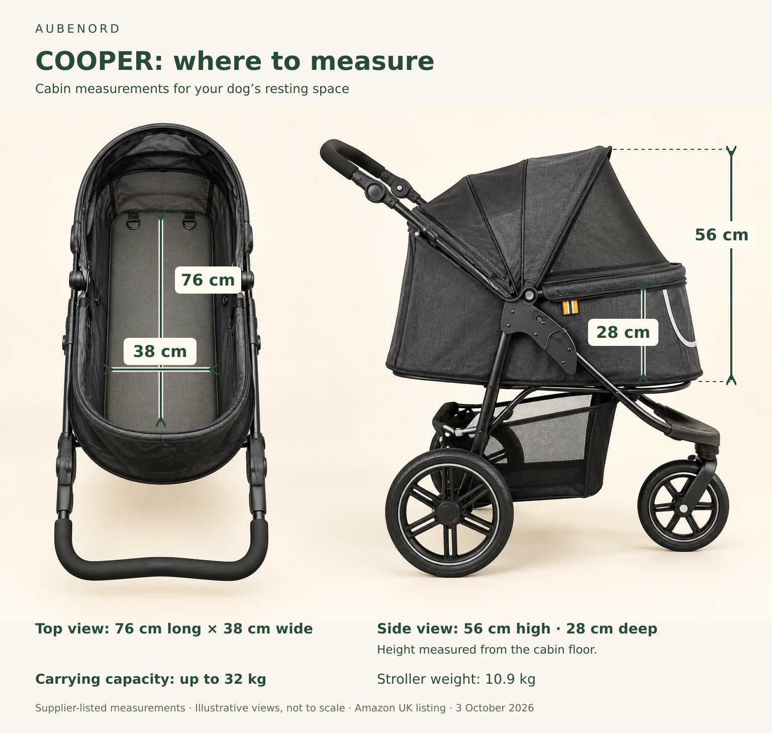 COOPER top and side views showing 76 cm length, 38 cm width, 56 cm enclosed height and 28 cm side depth