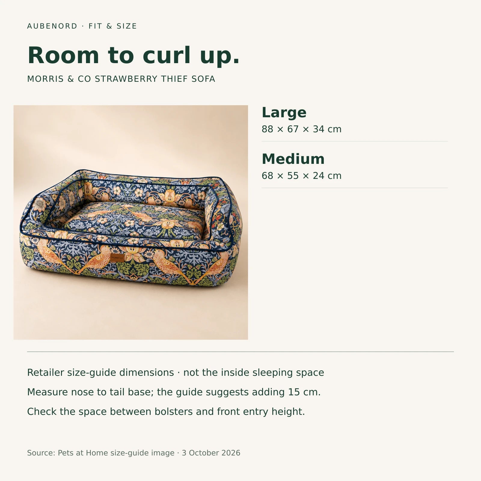Morris and Co sofa size guide: Large 88 by 67 by 34 cm and Medium 68 by 55 by 24 cm
