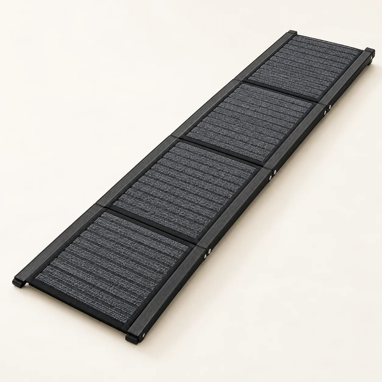 Zoomadog four-panel aluminium car ramp fully open, with charcoal carpeted walking surface